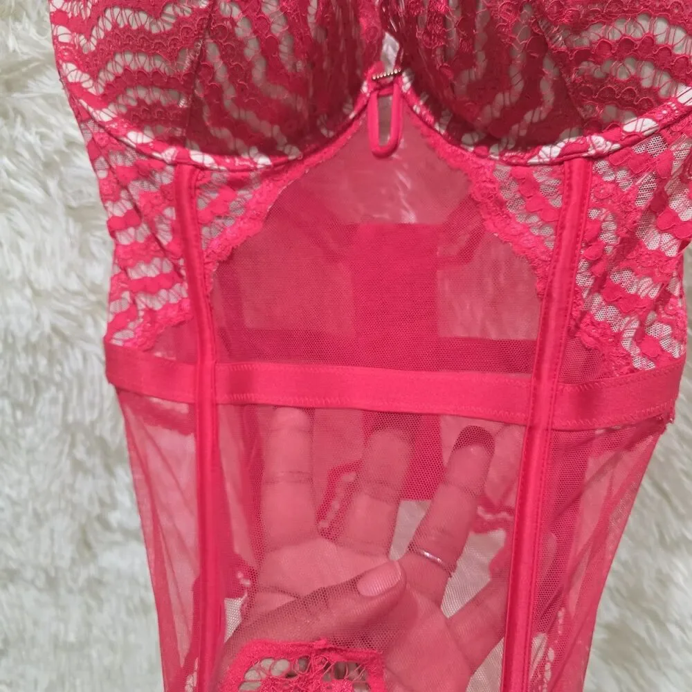 Victorias Secret Very Sexy Lace Mesh Corset Garter Baby Doll Teddy Bra 34D Red